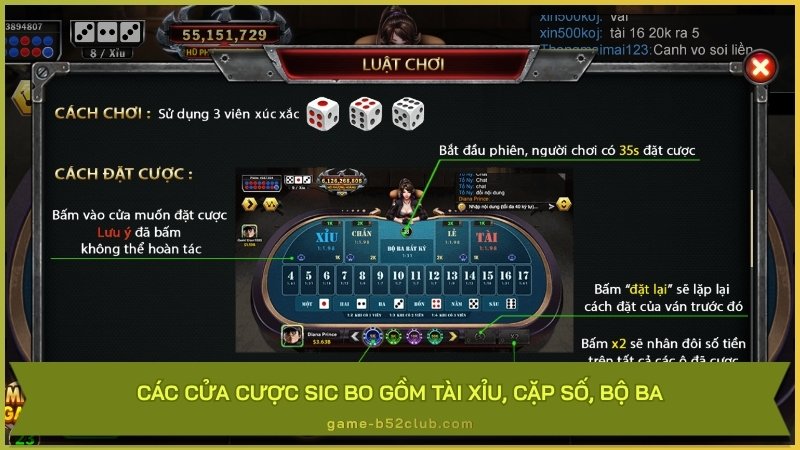 Các cửa cược Sic Bo gồm tài xỉu, cặp số, bộ ba