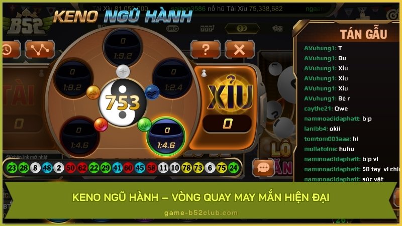 Keno Ngũ Hành kết hợp yếu tố phong thủy và RNG hiện đại, cho phép chọn nhóm Kim–Mộc–Thủy–Hỏa–Thổ hoặc chẵn lẻ, lớn nhỏ.